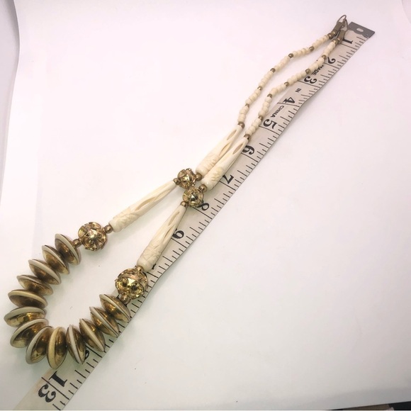 Vtg Tribal Carved Bone & Gold Tone / Brass Stone Beaded Necklace 26” - Picture 3 of 4
